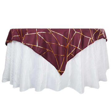 54"x54" Burgundy Seamless Polyester Square Overlay With Gold Foil Geometric Pattern