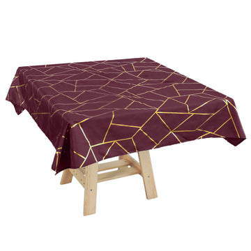 54"x54" Burgundy Seamless Polyester Square Tablecloth With Gold Foil Geometric Pattern