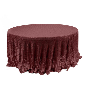 120" Burgundy Seamless Premium Sequin Round Tablecloth for 5 Foot Table With Floor-Length Drop