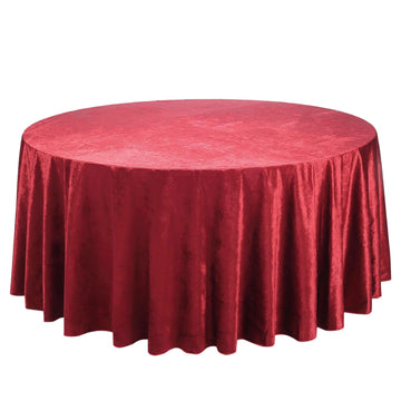 120" Burgundy Seamless Premium Velvet Round Tablecloth, Reusable Linen for 5 Foot Table With Floor-Length Drop