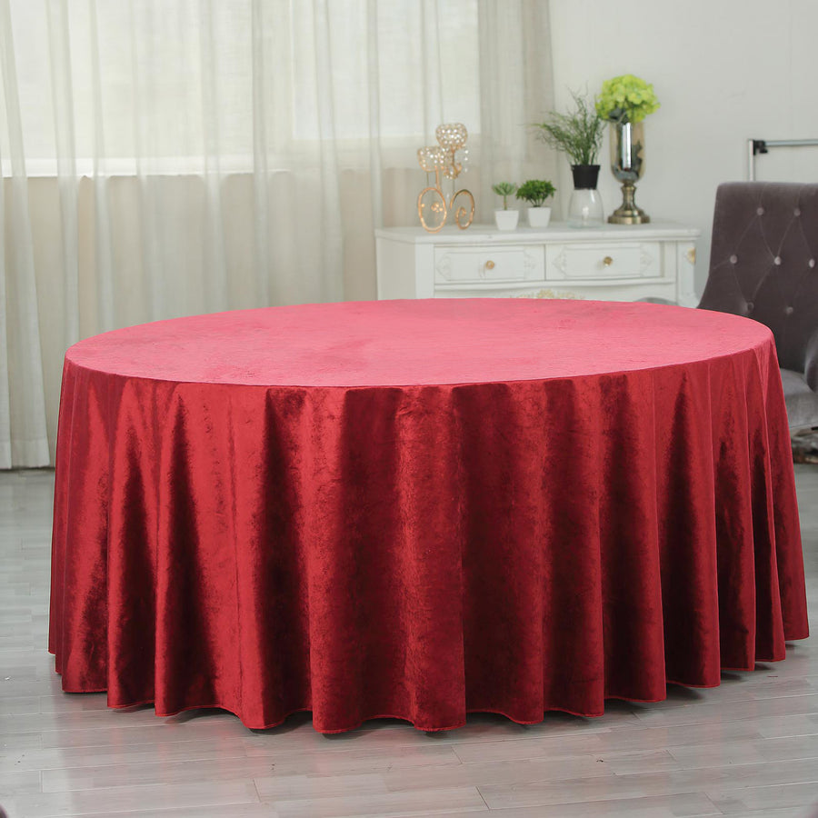 120" Burgundy Seamless Premium Velvet Round Tablecloth, Reusable Linen for 5 Foot Table With Floor-Length Drop