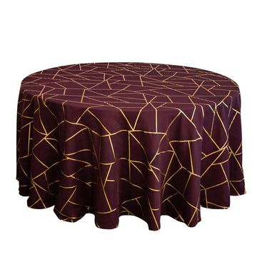 120" Burgundy Seamless Round Polyester Tablecloth With Gold Foil Geometric Pattern for 5 Foot Table With Floor-Length Drop