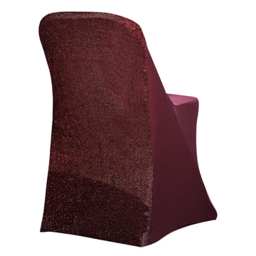 Burgundy Spandex Stretch Folding Chair Cover, Fitted Chair Cover with Metallic Shimmer Tinsel Back