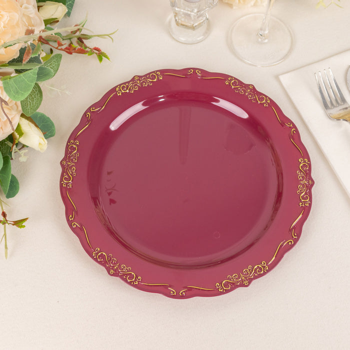 10 Pack | 10inch Burgundy With Gold Vintage Rim Disposable Dinner Plates With Embossed