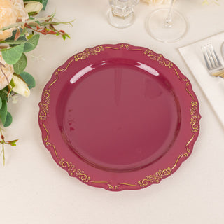 Burgundy with Gold Vintage Rim Disposable Dinner Plates