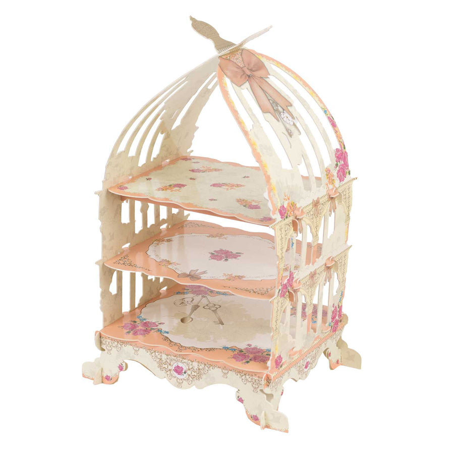 3 Tier White Peach Birdcage Cardboard Dessert Display Stand With Floral Print, 18inch Cake#whtbkgd