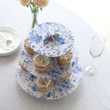 3-Tier White Blue Cardboard Dessert Display Stand with Chinoiserie Floral Print, Tea Party Cupcake