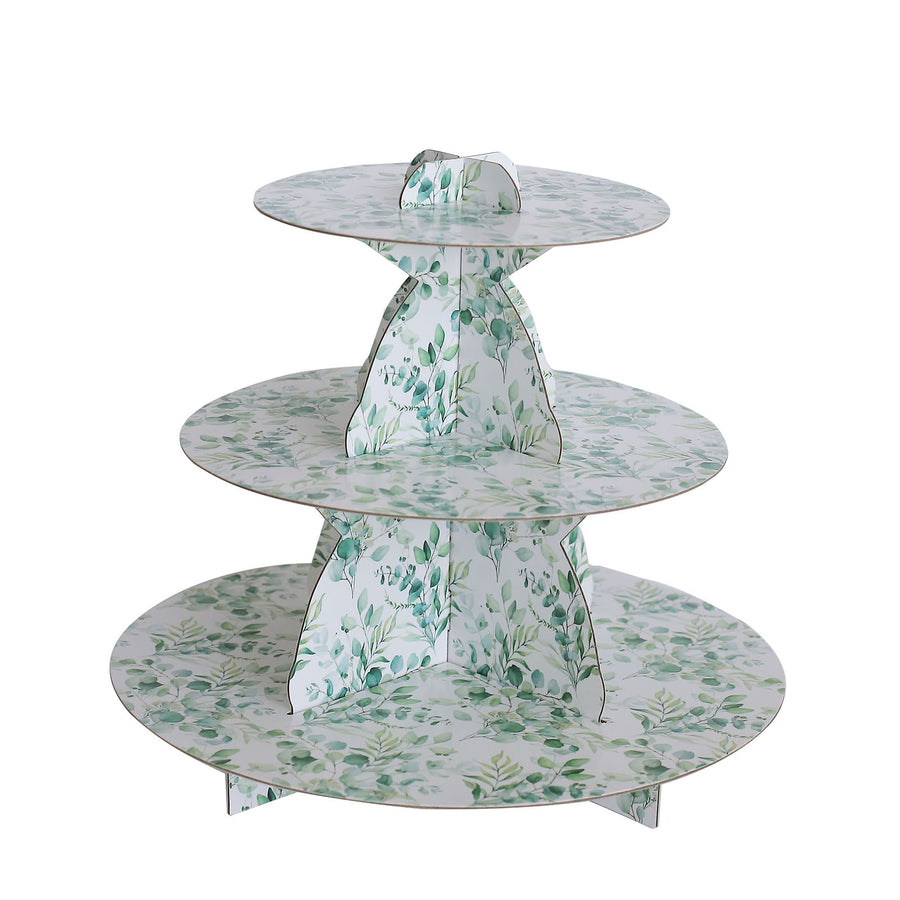 3-Tier White Green Cardboard Dessert Display Stand with Eucalyptus Leaves Print, Tea Party#whtbkgd