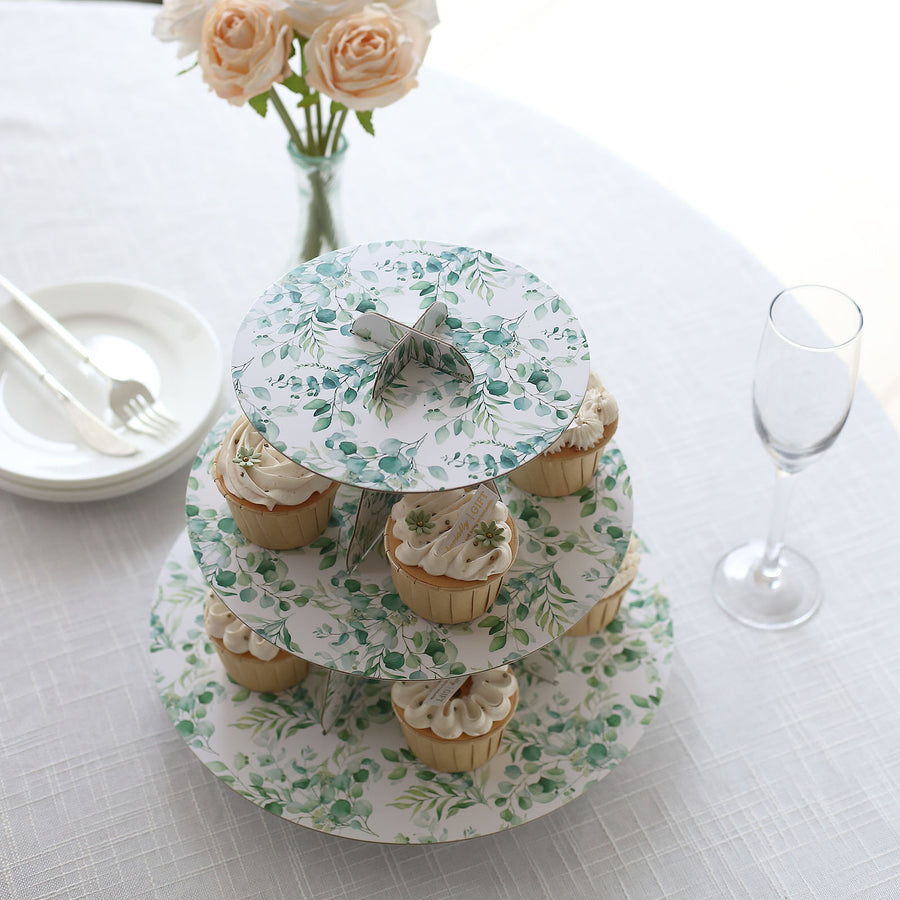 3-Tier White Green Cardboard Dessert Display Stand with Eucalyptus Leaves Print, Tea Party Cupcake