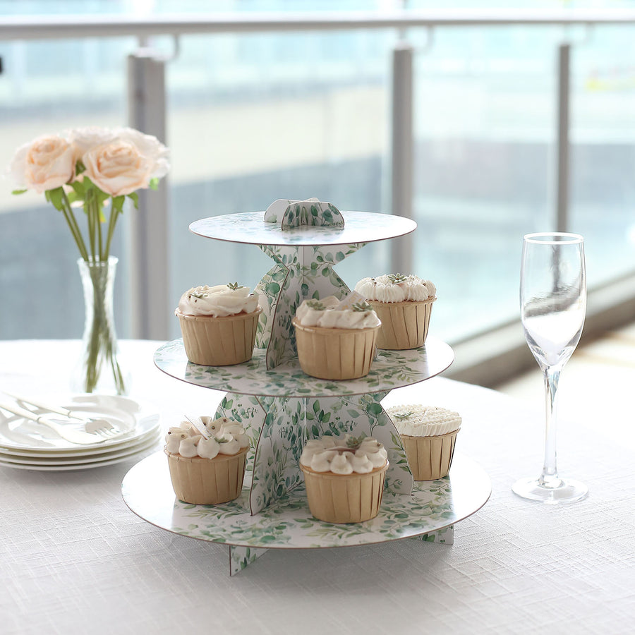 3-Tier White Green Cardboard Dessert Display Stand with Eucalyptus Leaves Print, Tea Party Cupcake