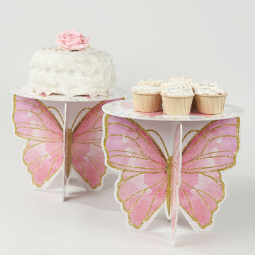 2 Pack White Pink Glitter Butterfly Cupcake Stands, 12" Floral Print Foam Board Cake Dessert Holder Display Stands