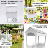 6ft tall white candy cart with shelf and wheels, perfect for events and gatherings.