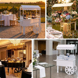 Elegant event cart for wine and floral displays in various settings.