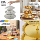 3-tier plastic cupcake stand with intricate lace edges, perfect for desserts and easy assembly.