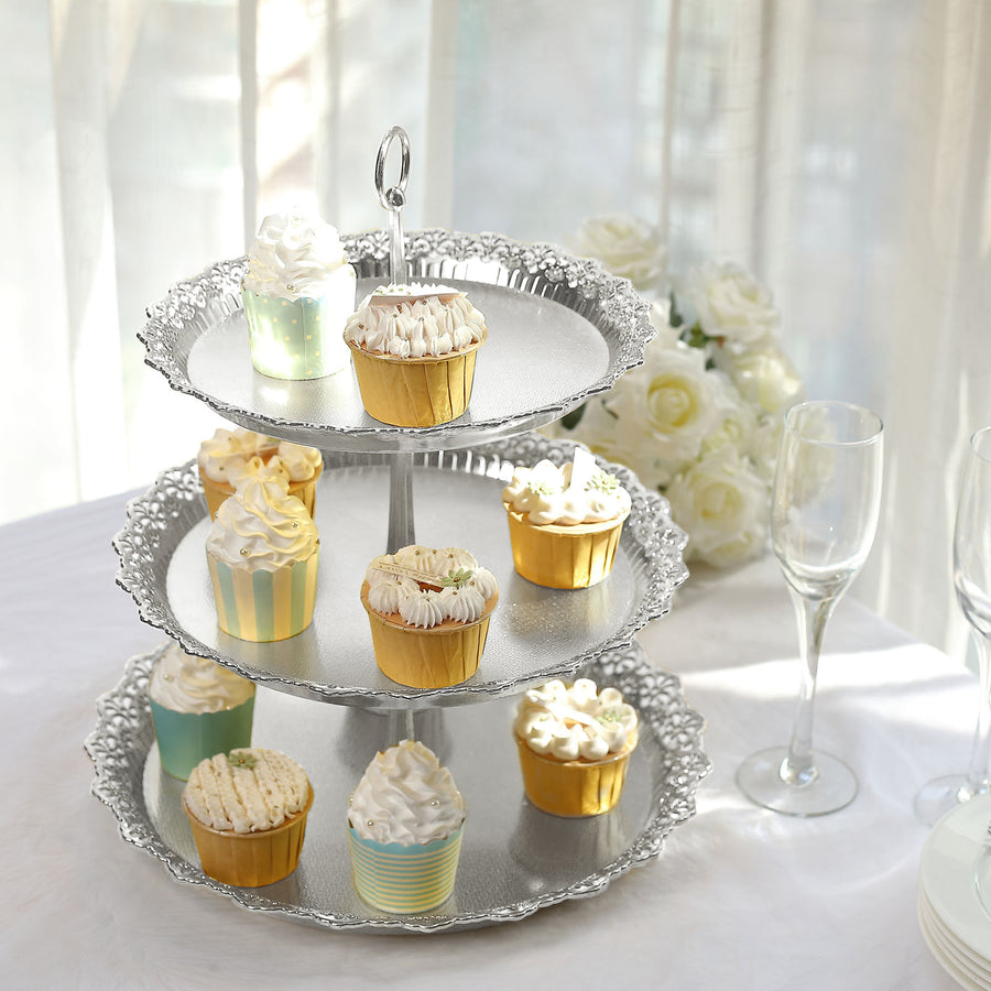 15inch Metallic Silver 3-Tier Round Plastic Cupcake Stand With Lace Cut Scalloped Edges