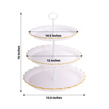 15" White 3-Tier Plastic Cupcake Stand Tower With Lace Cut Gold Rim, Reusable Round Dessert Stand With Scalloped Edges