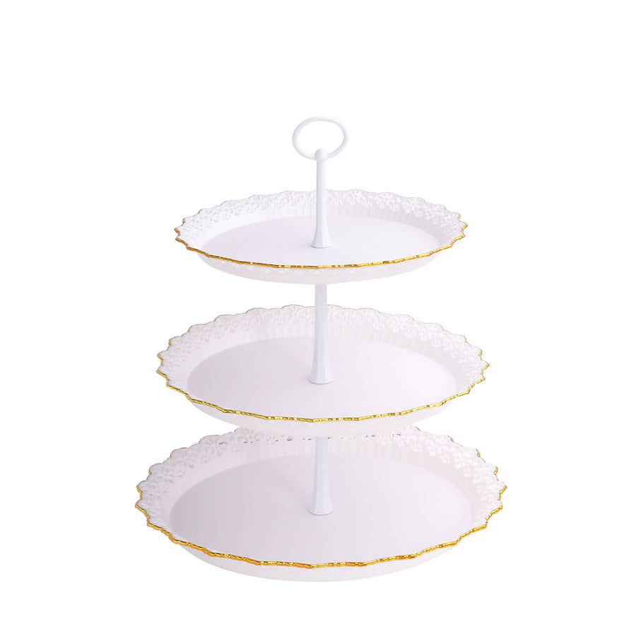 15inch White 3-Tier Plastic Cupcake Stand Tower With Lace Cut Gold Rim#whtbkgd