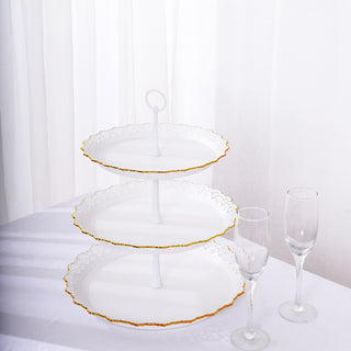 Delightful and Elegant: 15" White 3-Tier Plastic Cupcake Stand Tower With Lace Cut Gold Rim
