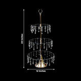 Three-tiered cake stand with crystal accents, 24 inches tall, 12 inches wide.