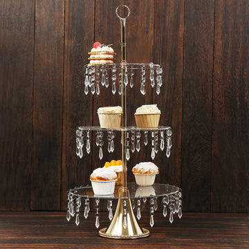 3-Tier Gold Cupcake Stand – 2ft Acrylic and Metal Dessert Display Tower with Hanging Crystals