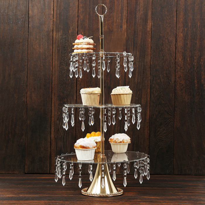 3-Tier Gold Cupcake Stand – 2ft Acrylic and Metal Dessert Display Tower with Hanging Crystals