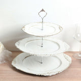 3-Tier Whitewashed Plastic Cupcake Tower Stand with Antique Gold Embossed Baroque Rim 13inch