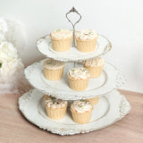 3-Tier Whitewashed Plastic Cupcake Tower Stand with Antique Gold Embossed Baroque Rim 13inch