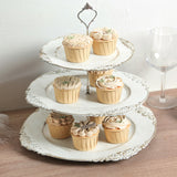 3-Tier Whitewashed Plastic Cupcake Tower Stand with Antique Gold Embossed Baroque Rim 13inch