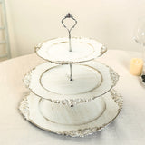 3-Tier Whitewashed Plastic Cupcake Tower Stand with Antique Gold Embossed Baroque Rim 13inch