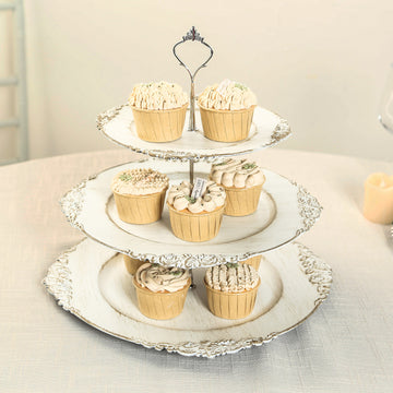 3-Tier Whitewashed Plastic Cupcake Tower Stand with Antique Gold Embossed Baroque Rim, 13" Rustic Round Cake Dessert Holder Display Stand Tiered Serving Tray with Top Handle