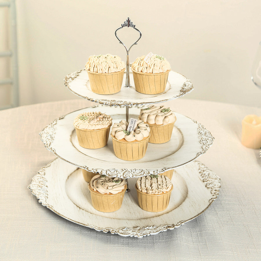 3-Tier Whitewashed Plastic Cupcake Tower Stand with Antique Gold Embossed Baroque Rim 13inch