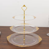 3-Tier Clear Plastic Cupcake Tower Stand with Gold Embossed Baroque Rim