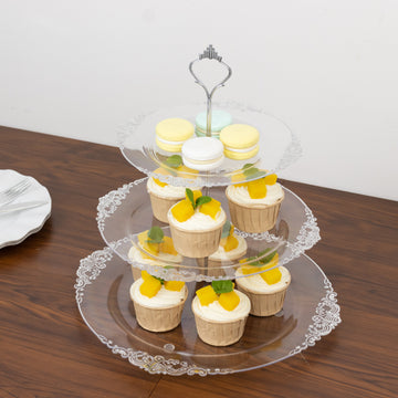 3-Tier Clear Plastic Cupcake Tower Stand with Silver Embossed Baroque Rim, 13" Round Cake Dessert Holder Display Stand Tiered Serving Tray with Top Handle