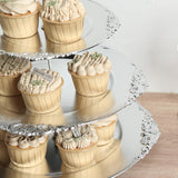 3-Tier Metallic Silver Plastic Cupcake Tower Stand with Embossed Baroque Rim, 13inch Round Cake