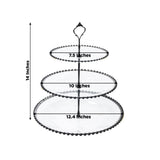 Three-tier glass cake stand with decorative edge, 14 inches tall, 12.4-inch base.
