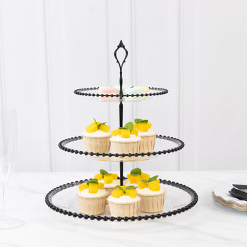 14" Clear 3-Tier Plastic Dessert Display Stand With Black Beaded Rim, Round Cupcake Tower Tea Party Serving Platter With Top Handle