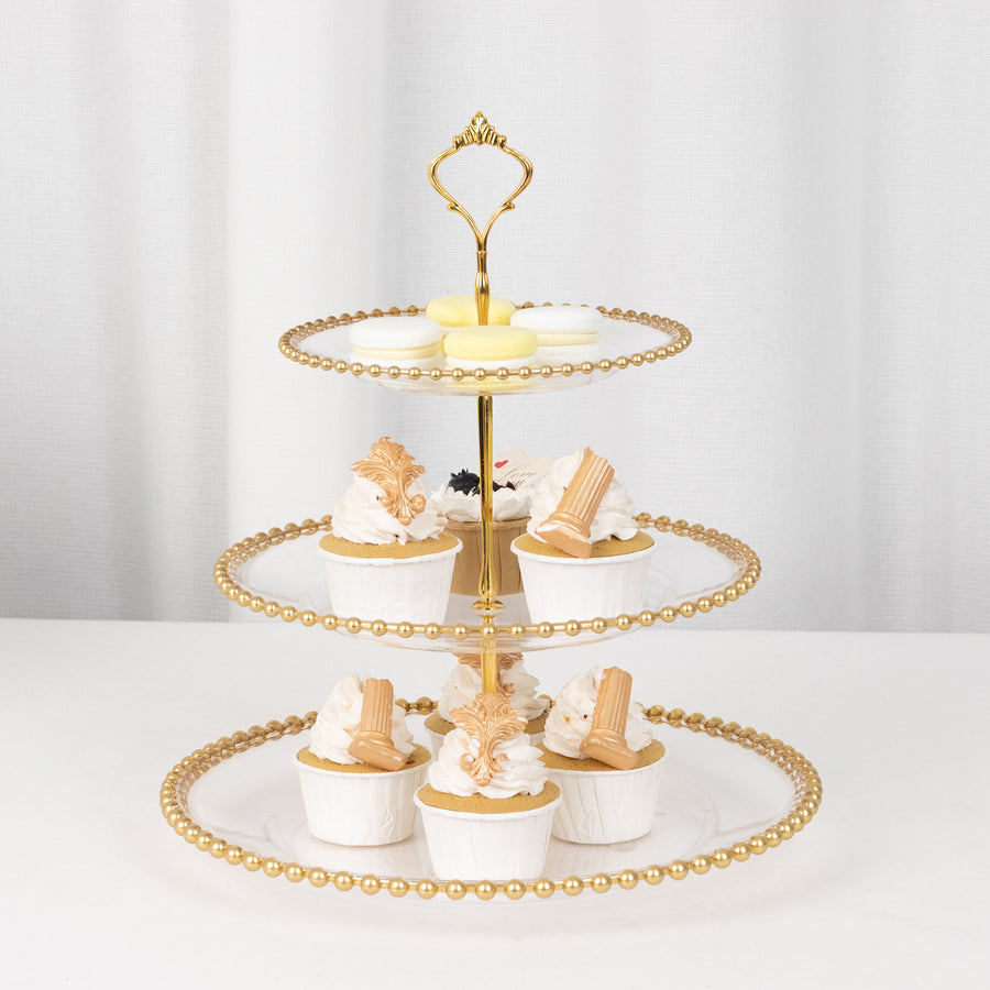 14inch Clear 3-Tier Plastic Dessert Display Stand With Gold Beaded Rim, Round Cupcake Tower