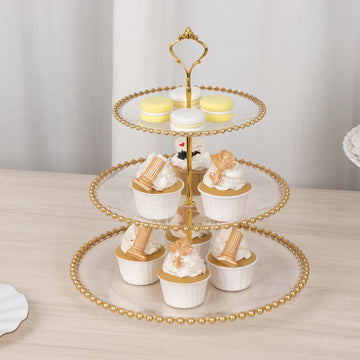 14" Clear 3-Tier Plastic Dessert Display Stand With Gold Beaded Rim, Round Cupcake Tower Tea Party Serving Platter With Top Handle