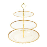 Clear Gold Glittered 3-Tier Plastic Dessert Display Stand With Gold Beaded Rim#whtbkgd