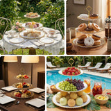 Elegant three-tier serving stand with assorted desserts and fruits in various settings.