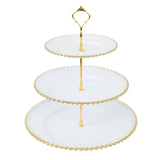 14inch White 3-Tier Plastic Dessert Display Stand With Gold Beaded Rim#whtbkgd