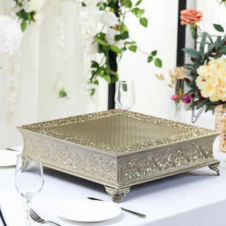 Elevate Your Event with the 18" Square Gold Embossed Cake Pedestal