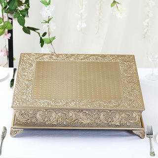 Elevate Your Event with the 22" Square Gold Embossed Cake Pedestal