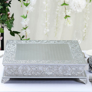 Elevate Your Event Decor with the 22" Square Silver Embossed Cake Pedestal