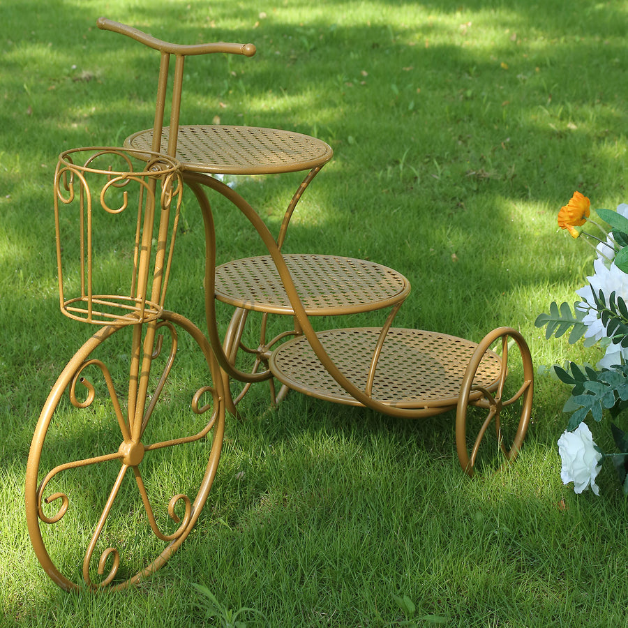 40" 3-Tier Gold Metal Bicycle Cupcake Dessert Display Stand With Mesh Trays, Multi-layered Wedding Cake Stand