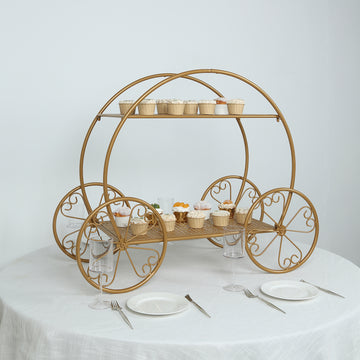 2-Tier Gold Princess Carriage Metal Cake Stand, Giant Cinderella Pumpkin Coach Centerpiece Dessert Display Stand - 28" Tall