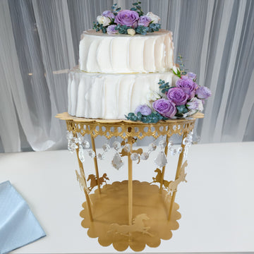 14" Gold Metal Carousel Cake Stand with Hanging Acrylic Beads - Pedestal Cupcake and Dessert Display Holder