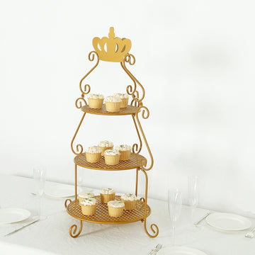 3 Tier Round Gold Metal Cupcake Stand with Crown Top, 32" Tall Dessert Display Cake Stand