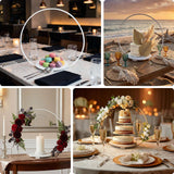 Decorative display stands for desserts and floral arrangements in elegant settings.