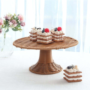 Natural Plastic Rattan Wicker Pedestal Cupcake Stand, 12" Round Rustic Dessert Cake Table Display Centerpiece